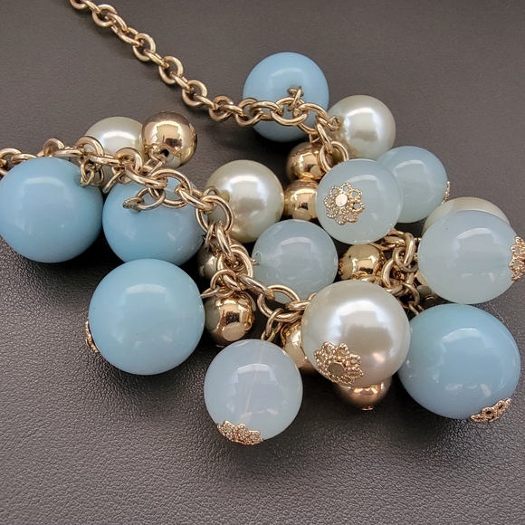 Powder Blue & Pearl Charm Cluster Necklace| Vintage Riviera Glam | Feminine Luxe - Picture 4 of 7